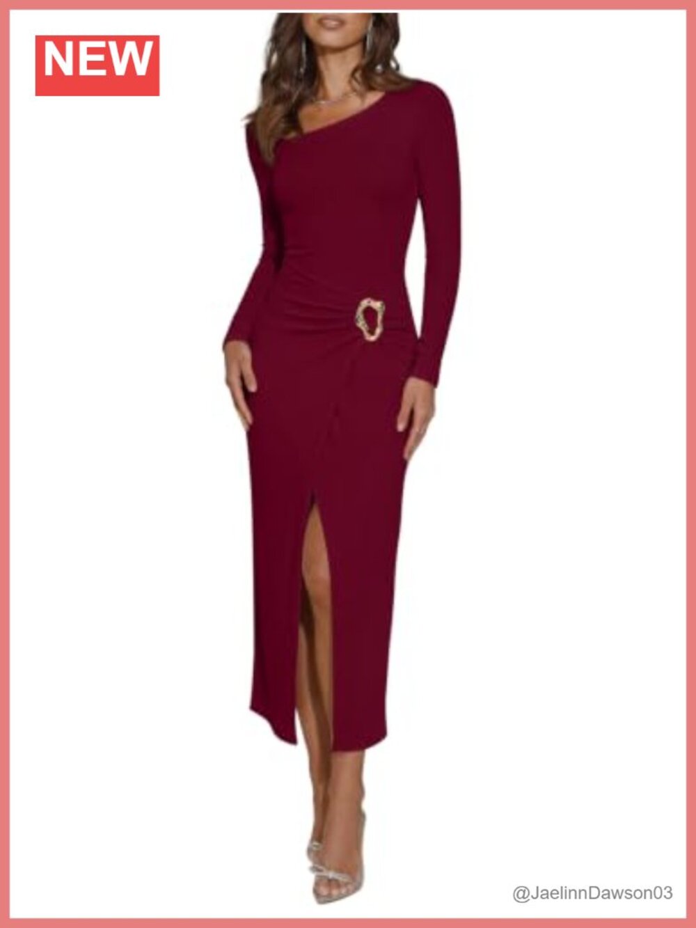 Long Sleeve Ruched Wrap Midi Dress Square Neck Split Hem Semi Formal